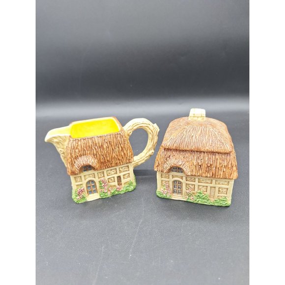 VINTAGE RON GORDON DESIGNS CERAMIC SUGAR BOWL & CREAMER, COTTAGE/ HOUSE-DESIGN - Picture 5 of 10